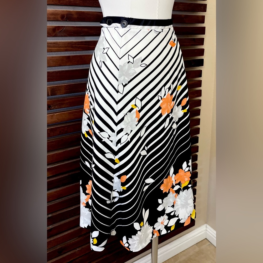 1970s Vintage Black White Striped Orange Yellow Floral High Waist Midi Skirt